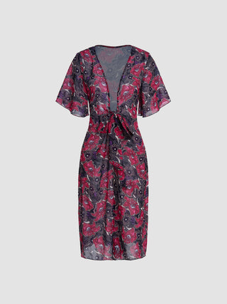 Floral Deep V Knotted Midi Dress