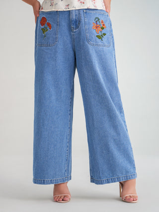 Floral Denim Trousers Curve & Plus