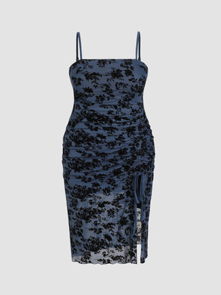 Floral Drawstring Mesh Midi Dress Curve & Plus (1XL / Navy Blue)