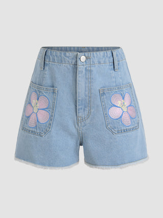 Floral Embroidery Denim Mini Shorts