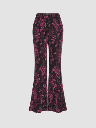 Floral Glitter Elastic Waist Flared Pants