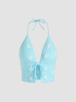 Floral Halter Knit Tank Top (M / Sky Blue)