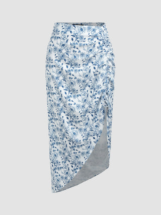 a white and blue floral print skirt