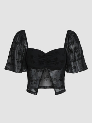 Floral Jacquard Mesh Cut Out Top (S / Black)