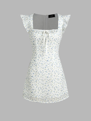 Floral Knotted Square Neck Mini Dress (XS / Blue)