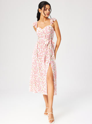 Floral Knotted Sweetheart Split Midi Dress