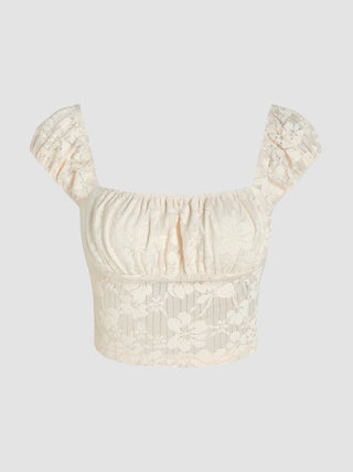 Floral Lace Ruched Crop Top (M / Beige)