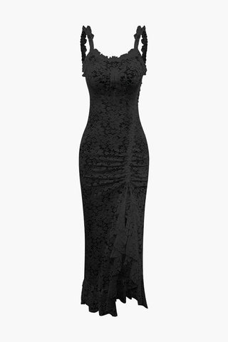 Floral Lace Tie Back Slit Maxi Dress (L / BLACK)