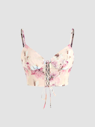 Floral Lace Up Crop Top (L / Multicolor)