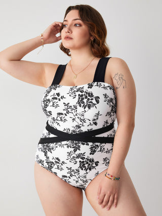 Floral & Leaf Contrast Binding One Piece Swimsuit Curve & Plus