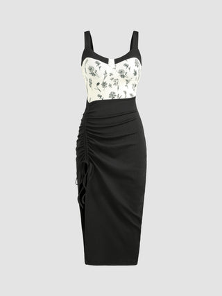 Floral Pattern Drawstring Cami Midi Dress (L / Black)