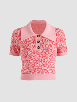 Floral Pink Collar Knitted Top