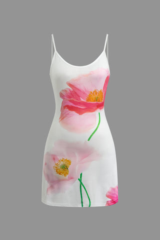 Floral Print Backless Slip Mini Dress (XS / WHITE)