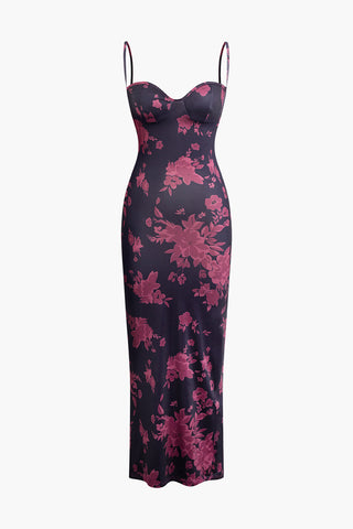 Floral Print Bodycon Slip Maxi Dress (M / PURPLE)