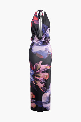 Floral Print Cowl V-neck Backless Tie Halter Maxi Dress (L / MULTICOLOR)