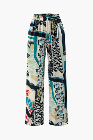 Floral Print High Waisted Straight Leg Pants (L / BABY BLUE)