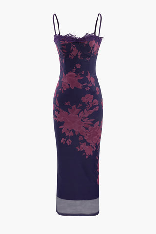 Floral Print Lace Trim Slit Maxi Dress (XL / PLUM)