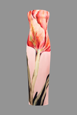 Floral Print Satin Strapless Slit Maxi Dress (M / DUSTY PINK)