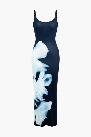 Floral Print Slip Maxi Dress (L / BLUE)