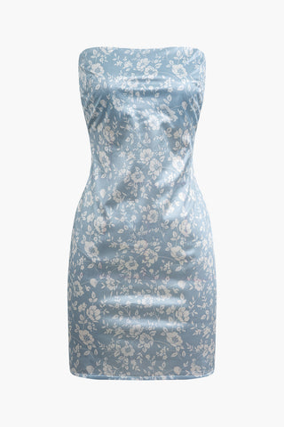 Floral Print Strapless Mini Dress (S / LIGHT CYAN)