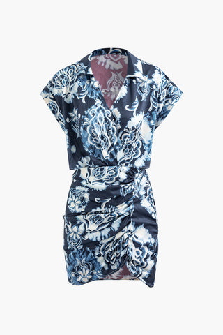 Floral Print V-neck Cut Out Ruched Wrap Mini Dress (S / ROYAL)