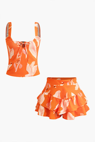 Floral Print Zip-Up Top And Ruffle Skirt Set (L / ORANGE)