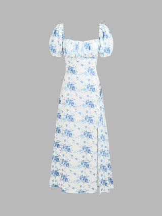 Floral Puff Sleeve Split Maxi Dress (XS / Blue)