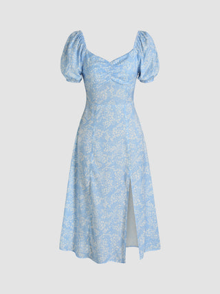 Floral Ruched Split Shirred Midi Dress (XL / Blue)