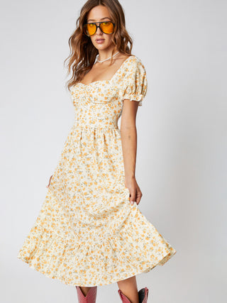 Floral Ruffle Puff Sleeve Midi Dress (L / Beige)