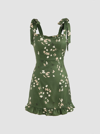 Floral Ruffle Tie Shoulder Mini Dress (S / Green)