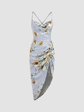 Floral Satin Ruched Midi Dress