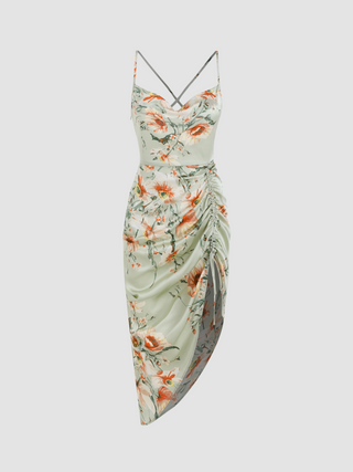 Floral Satin Ruched Midi Dress