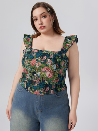 Floral Shirred Ruffle Short Sleeve Crop Tank Top Curve & Plus