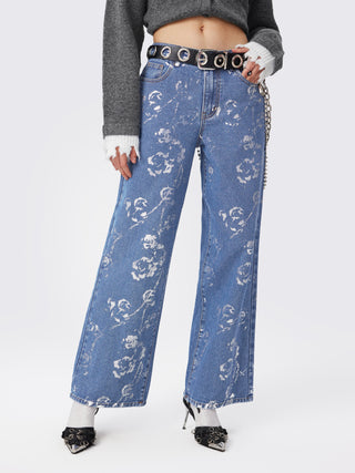 Floral Silver Coated Low Waist Wide Leg Jeans