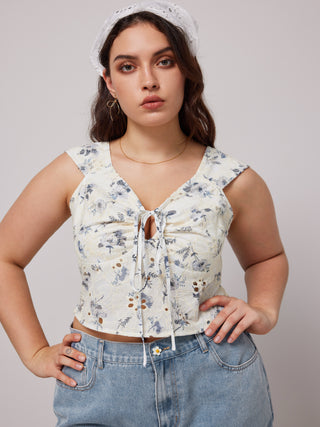 Floral Smocked Knotted Crop Top Curve & Plus