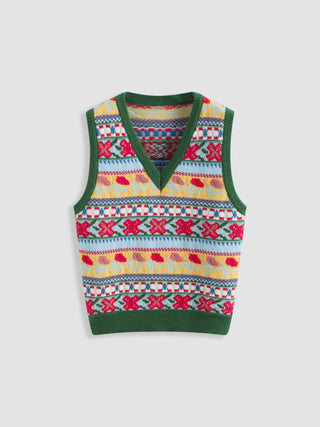 Floral Striped V-neck Knitted Vest (S / Multicolor)