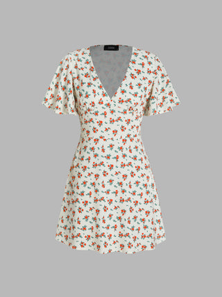 Floral V-neck Short Sleeve Mini Dress (XS / Beige)