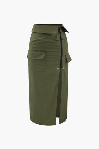 Foldover Waist Slit Cargo Skirt (XL / MILITARY)