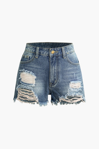 Frayed Destroyed Denim Shorts (XS / LIGHT WASH BLUE)