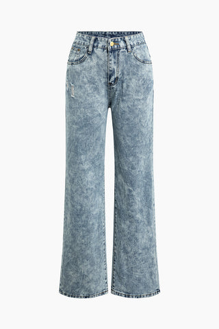 Frayed Destroyed Wide Leg Jeans (L / LIGHT WASH BLUE)