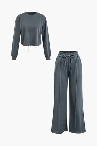 Frayed Hem Long Sleeve Sweatshirt And Drawstring Wide Leg Pants Set (L / DARK GRAY)