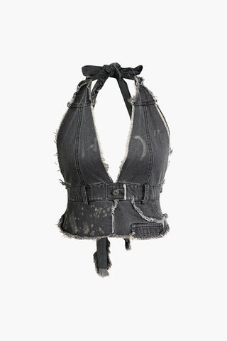 Frayed Trim Tie Halter Backless V-neck Denim Vest (XL / BLACK)