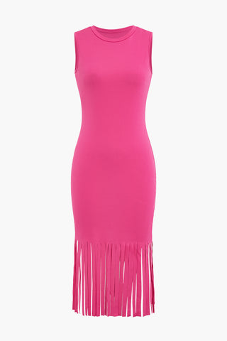 Fringe Hem Sleeveless Midi Dress (L / DEEP PINK)