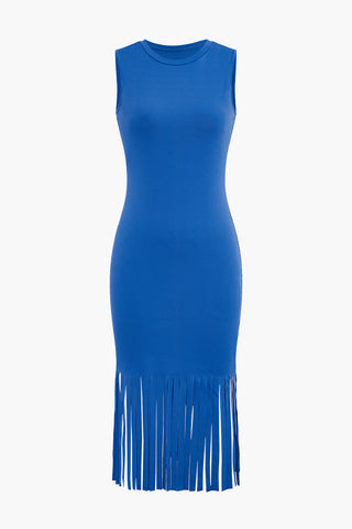 Fringe Hem Sleeveless Midi Dress (XL / BLUE)