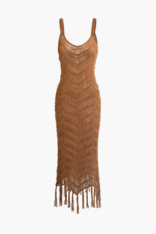 Fringe Hem Slip Knit Maxi Dress (S / LIGHT BROWN)