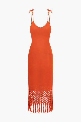 Fringe Hem Slip Knit Midi Dress (M / ORANGE)