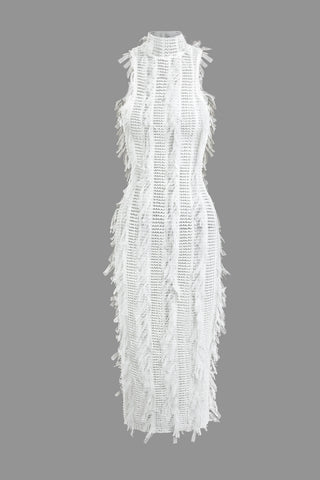 Fringe Mesh Mock Neck Midi Dress (M / WHITE)