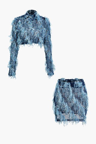 Fringe Mock Neck Long Sleeve Top And Mini Skirt Set (M / BLUE)