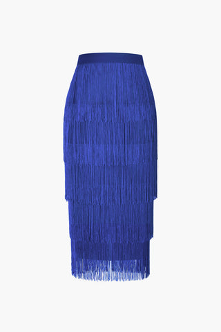 Fringed Tiered Midi Skirt (L / BLUE)