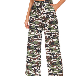 FUNYYZO Women's Marble Pattern High Waist Wide Leg Pants Print Casual Baggy Summer Trousers Camo